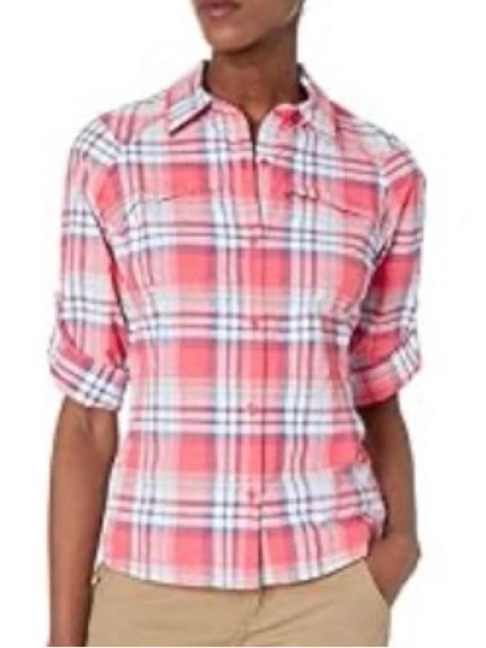 Columbia Women’s Silver Ridge Coral Pink & blue Plaid Button-Down Shirt